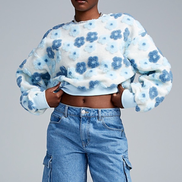 Dress Mafia Tops - Maison de syndrome x Dress mafia white & blue 3D flowers brushed sweatshirt NWT